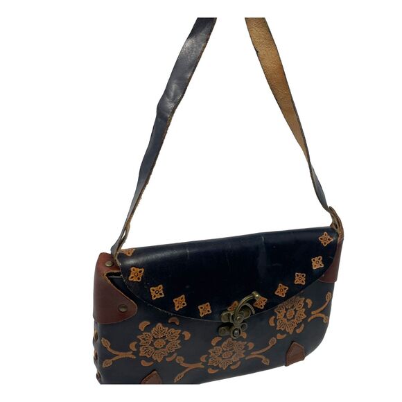 Small Vintage Blue Boho Floral Hand Crafted Tooled Leather Shoulder Bag - Picture 2 of 12